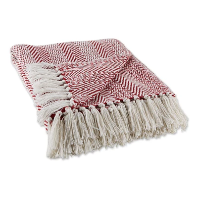 Contemporary Home Living Barn Red and White Herringbone Striped Rectangular Cotton Decorative Throw 50" x 60"