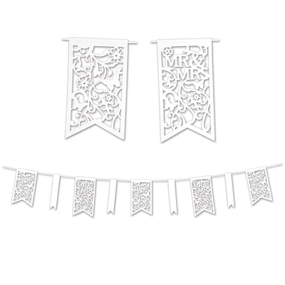 Party Central Club Pack of 12 Elegant White Die-cut 'Mr and Mrs' Pennant Banners 12'
