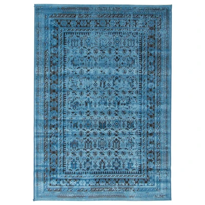 Chaudhary Living 4' x 5.5' Blue and Black Distressed Bordered Rectangular Area Throw Rug