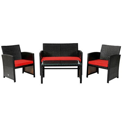 4 Pcs Patio Rattan Cushioned Furniture Set