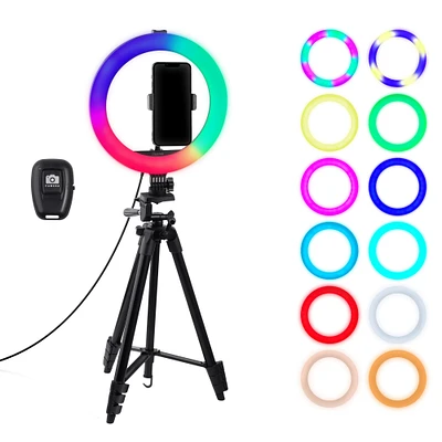 Insten 10'' Selfie Ring Light 53'' Extendable Tripod Stand Phone Holder, RGB Dimmable Lamp, 10 Brightness Level for Makeup Live Stream YouTube Video Tiktok Compatible with iPhone Android Phones
