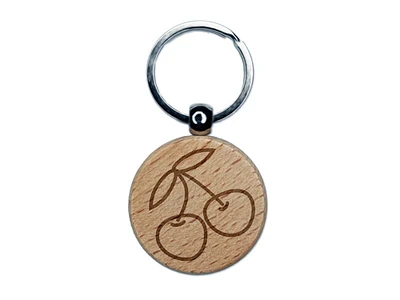 Pair of Cherries Outlined Engraved Wood Round Keychain Tag Charm