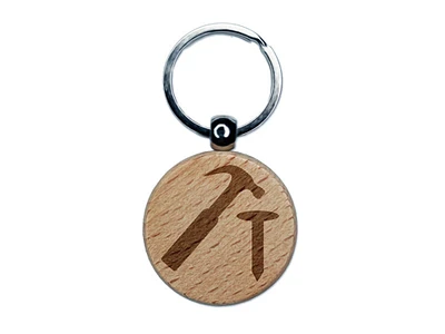 Hammer and Nail Construction Engraved Wood Round Keychain Tag Charm