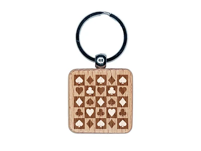 Checkered Card Suits Games Engraved Wood Square Keychain Tag Charm