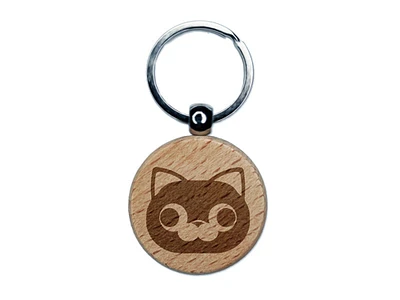 Round Cat Face Derpy Engraved Wood Round Keychain Tag Charm