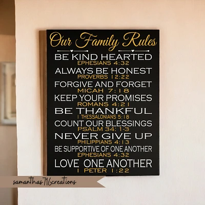 Family House Rules Bible Scripture Painted Canvas Sign