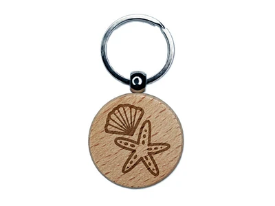 Starfish and Shell Beach Tropical Doodle Engraved Wood Round Keychain Tag Charm