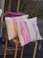 Elegantly handwoven Cushion from a Soft Cotton.  Delicate soft pinks, a touch of yellow and natural wool  This Listing is for size 12”x12”