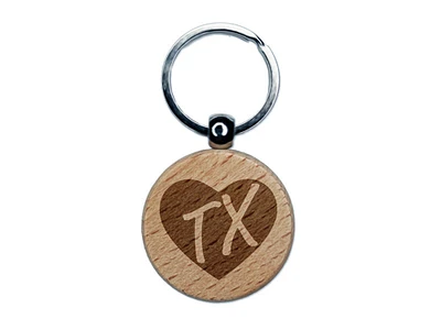 TX Texas State in Heart Engraved Wood Round Keychain Tag Charm