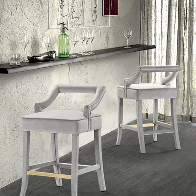 Iconic Home   Catalina Counter Stool Chair Velvet Upholstered Half Back Design Gold Tone Footrest Bar Wood Frame, Modern