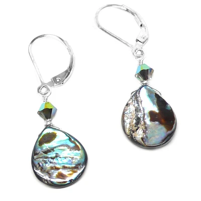 Abalone Teardrop Sterling Silver Lever Back Earrings Crystal