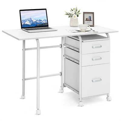 Gymax Folding Computer Laptop Desk Wheeled Home Office Furniture w/3 Drawers White