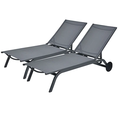 Gymax Set of 2 Patio Chaise Lounge Chair Aluminum Adjustable Recliner w/ Wheels Grey