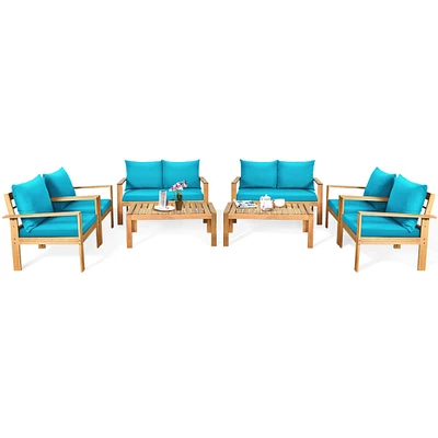 Gymax 8PCS Patio Acacia Wood Conversation Furniture Set w/ Turquoise Cushions