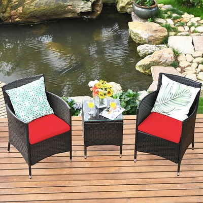 Gymax 3PCS Patio Outdoor Rattan Furniture Set w/ Cushioned Chairs Coffee Table