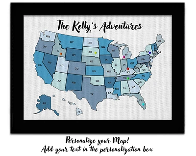 Blue Push Pin Map Personalized Travel Map USA United States Canvas Map Family Vacation Tracker Kids Map Custom Map of America Traveler Gifts