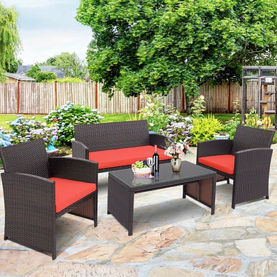 Gymax 4PCS Patio Conversation Set Outdoor Rattan Furniture Set w/ Red Cushions