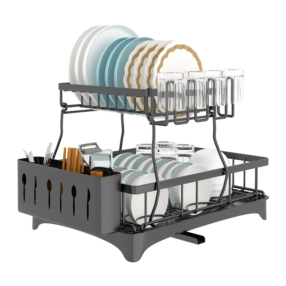 Dish Drying Rack with Drainboard Detachable 2-Tier Dish Rack Drainer Organizer Set with Utensil Holder Cup