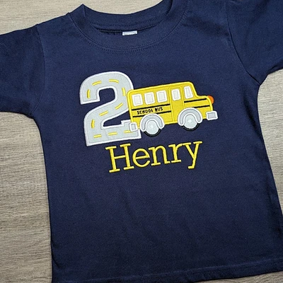 Boys Yellow Bus Birthday Shirt • Toddler Pre-School Top • Side View School Transportation Vehicle Tee • Custom Name Sewn Schoolbus T-Shirt
