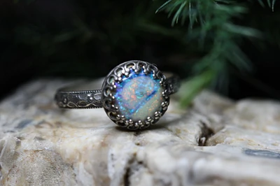 Opal Ring * Solid Sterling Silver Ring* Floral Band * Full Moon * 10mm Monarch Opal *  Any Size