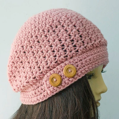 Hand Crochet Winter Beanie Hat for Woman with Button Tab