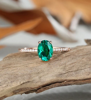 Oval cut lab emerald engagement ring,unique cubic zirconia bridal ring, vintage rose gold ring for women, personalized promise wedding ring