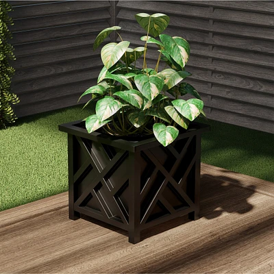 Pure Garden Square Planter Box- Black Lattice Container for Flowers and Plants Bottom Insert Holds Soil Outdoor Pot for Garden Patio