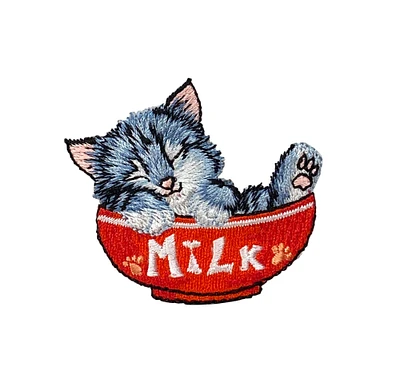 Cat in Red Milk Bowl, Pets, Kitten, Embroidered, Iron on Patch