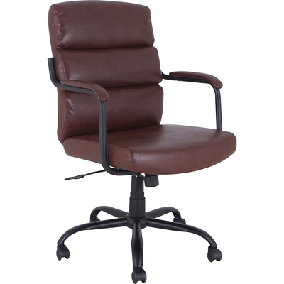 Lorell SOHO Collection High-back Leather Chair, 27.5" x 28.8" x 42.1", Material: Bonded Leather Seat, Bonded Leather Back, Steel Arm, Powder Coated Steel Base, Finish: Tan