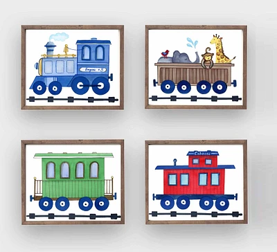 Set of 4 Watercolor Train Art Prints for Boy Nursery or Bedroom, Vintage Train Engine Wall Décor
