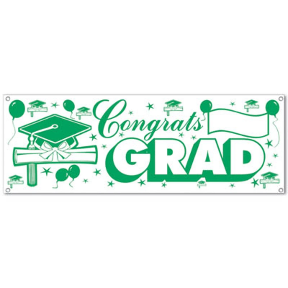 Congrats Green & White Grad Sign Banner