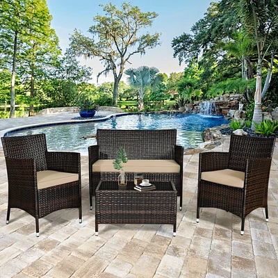 Gymax 4PCS Patio Rattan Conversation Furniture Set Outdoor w/ Brown and Grey Cushion