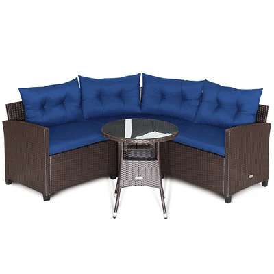 Gymax 4PCS Wicker Patio Sofa Set Rattan Outdoor Furniture Set w/ Navy Cushions