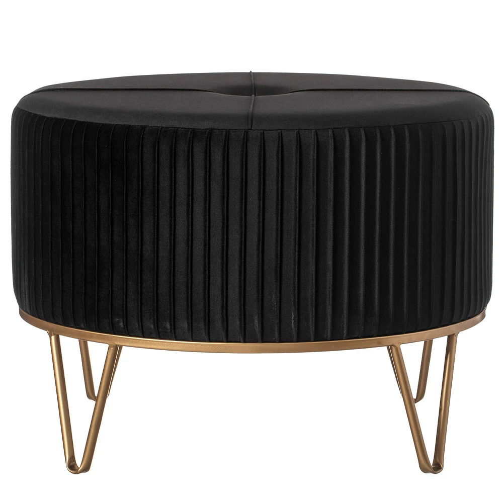 Round Velvet Ottoman Stool Raised with Hairpin Gold Base