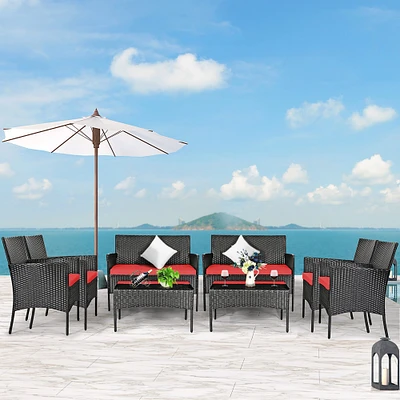 Costway 8PCS Patio Rattan Furniture Set Cushioned Sofa Coffee Table Backyard Turquoise/Red/Grey/White/Navy