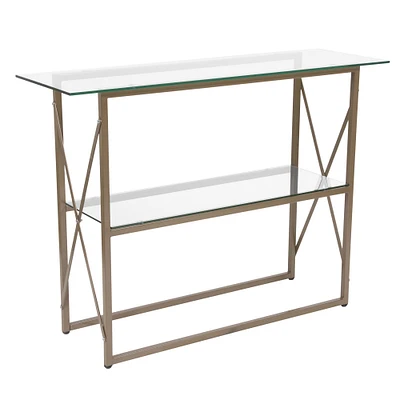 Merrick Lane Harlowe Console Table Modern Glass Sofa Table with Crisscross Frame and 2 Tempered Glass Shelves