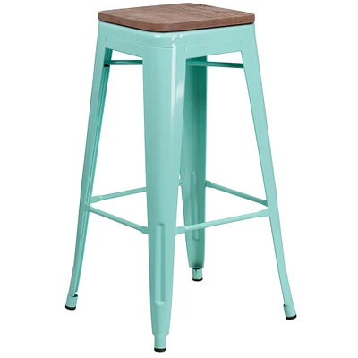Merrick Lane Dalton Series Backless Metal Dining Stool with Wooden Seat for Indoor Use