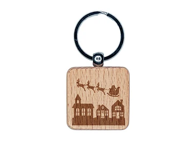 Santa in Sleigh Over Town Christmas Eve Engraved Wood Square Keychain Tag Charm