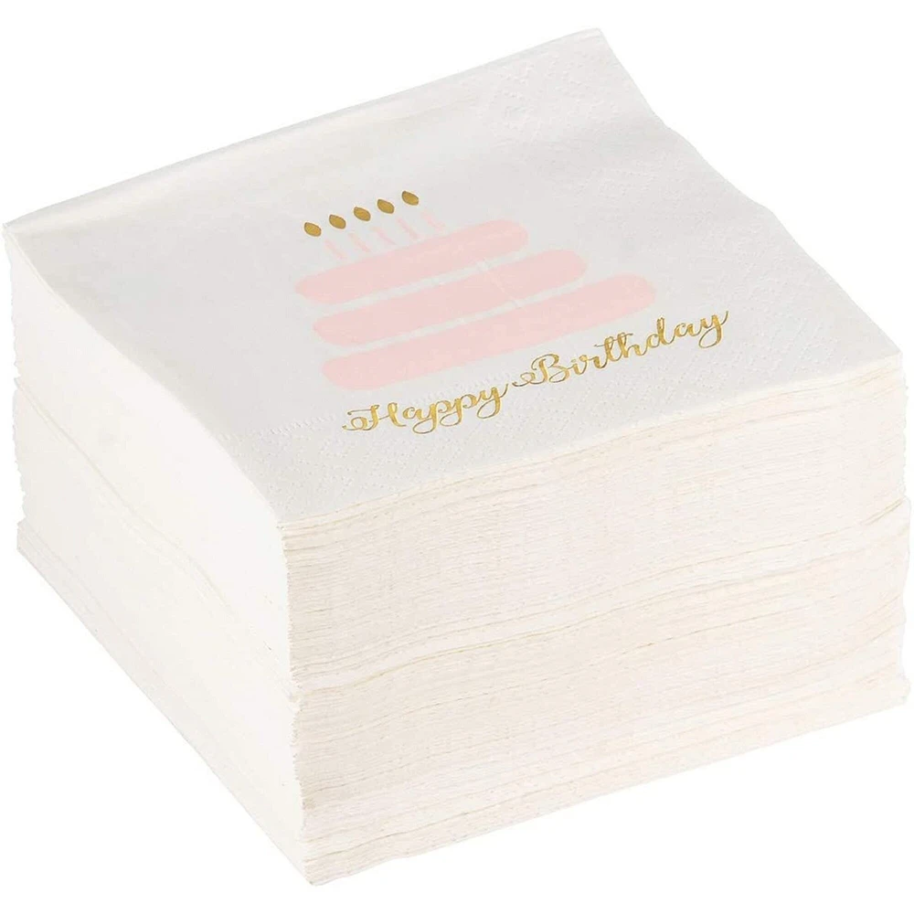 100 Pack Happy Birthday Napkins, 3-ply Gold Foil Disposable Cocktail Paper Napkins, Folded 5 x 5 Inches, Pink and White Cake Design