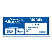 Alliance Thermal Cash Register/POS Roll, 3" x 80 ft, White, 36/Carton