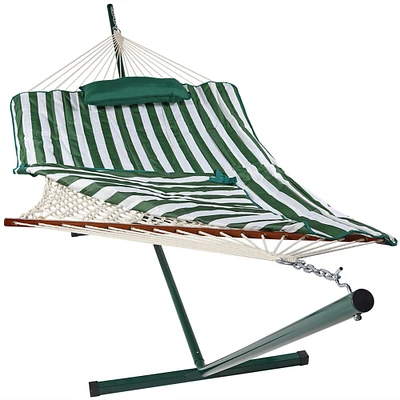 Sunnydaze Large Rope Hammock with Steel Stand and Pad/Pillow - Green Stripe by