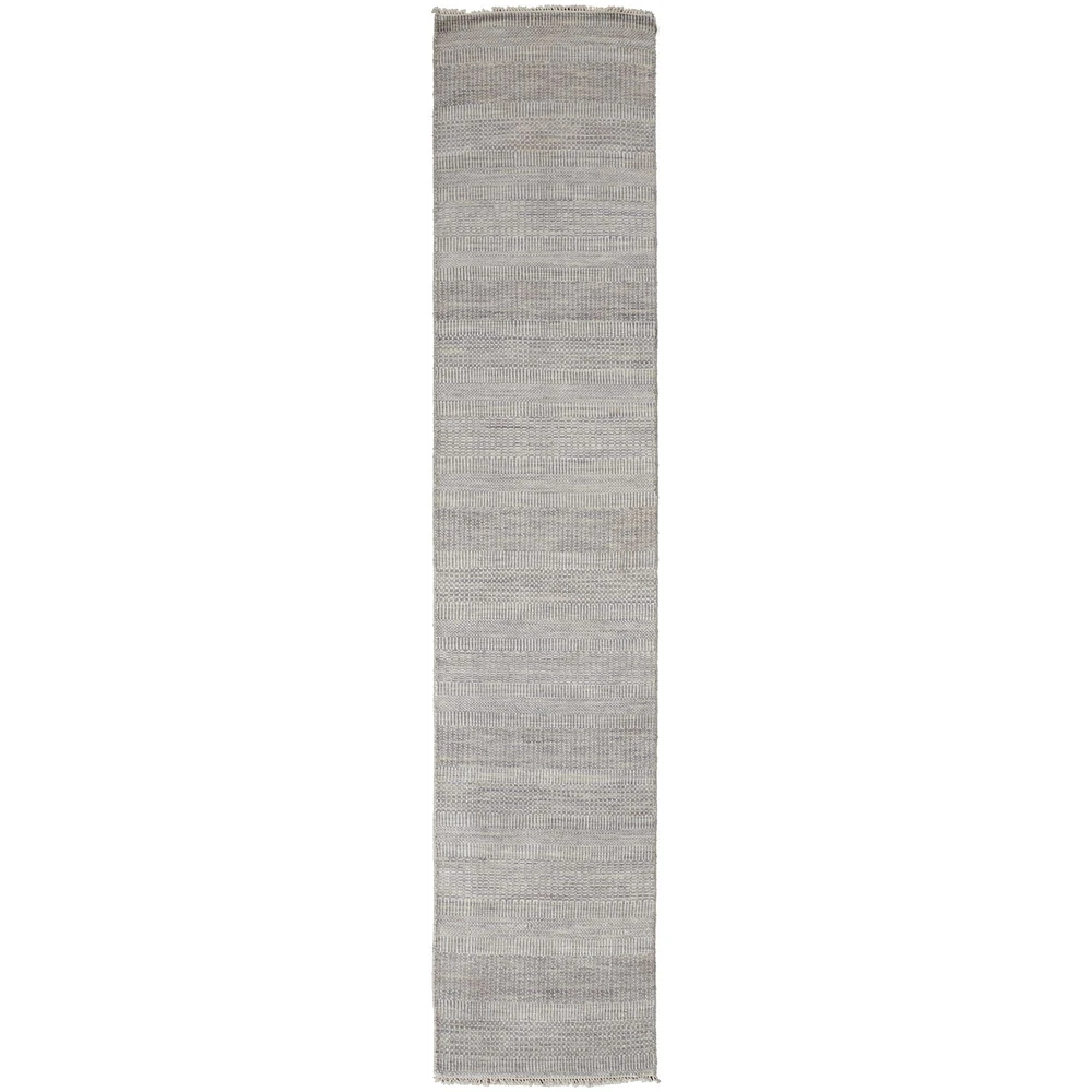 Feizy Home Collection 2.5' x 12' Blue and Silver Gray Striped Hand Knotted Rectangular Wool Rug Runner