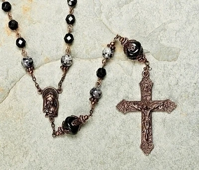 Roman 22" Decorative Black Religious Heirloom Glass Beaded Rosary