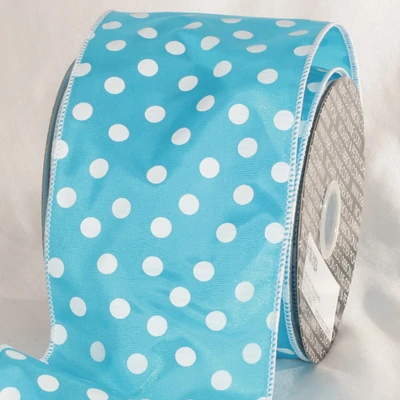 The Ribbon People Turquoise Blue and White Polka Dots Printed Wired Craft Ribbon 4" x 20 Yards