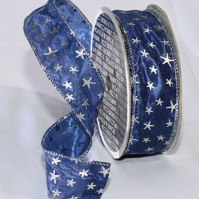 The Ribbon People Blue and Silver Stars Edge Wired Craft Ribbon 1.5" x 27 Yards