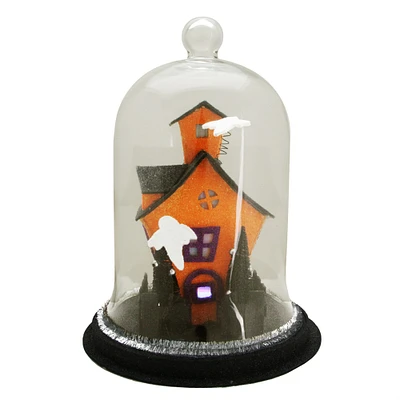 Midwest 9.75" Clear and Black LED Spooky House with Ghosts on the Roof Halloween Cloche