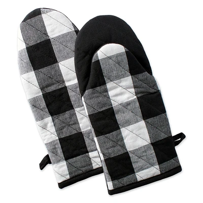 Contemporary Home Living Set of 2 Black and White Checkered Cotton Oven Mitt 13"