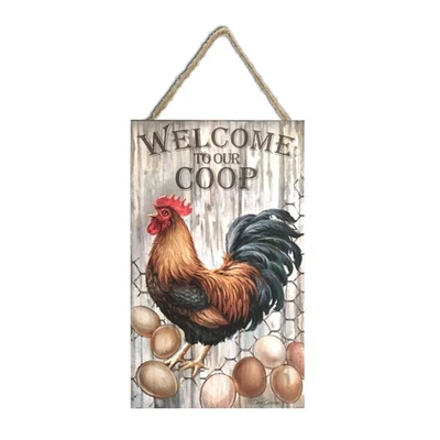 Glow Decor Brown and Gray Rooster Rectangular Wall Sign with Rope Hanger 10" x 6"