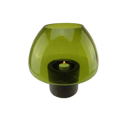 Northlight 9.75" Transparent Olive Green Glass Candle Holder with Wooden Base