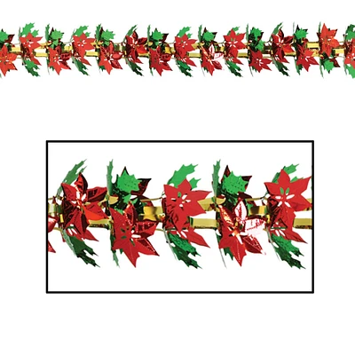 Beistle Pack of 12 Metallic Christmas Poinsettia and Holly Garland 9'